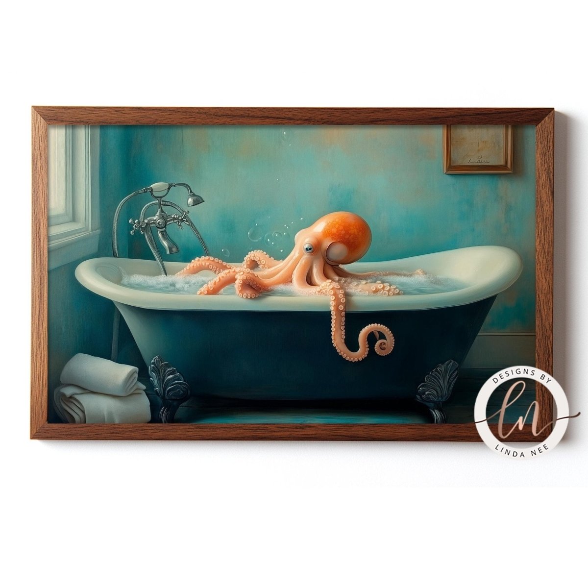 Orange octopus relaxing in a blue bathtub surrounded by towels