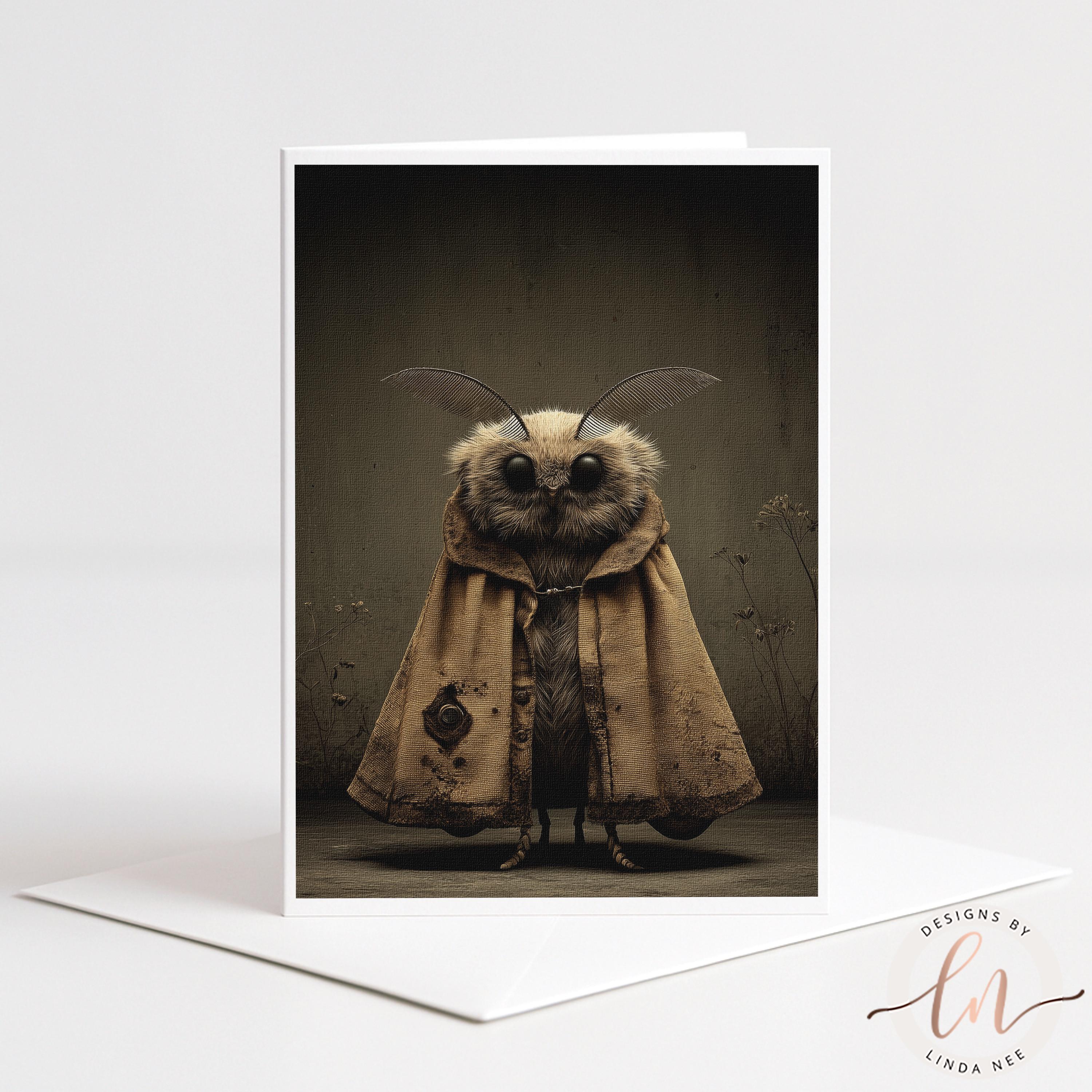 A central portrait of a whimsical moth character with large, glossy black eyes and wide, feathered antennae. The moth wears a heavy, tattered brown traveler's cloak with a single large button on the left side. The background is a dark, moody sepia with subtle textures and skeletal plant stems.