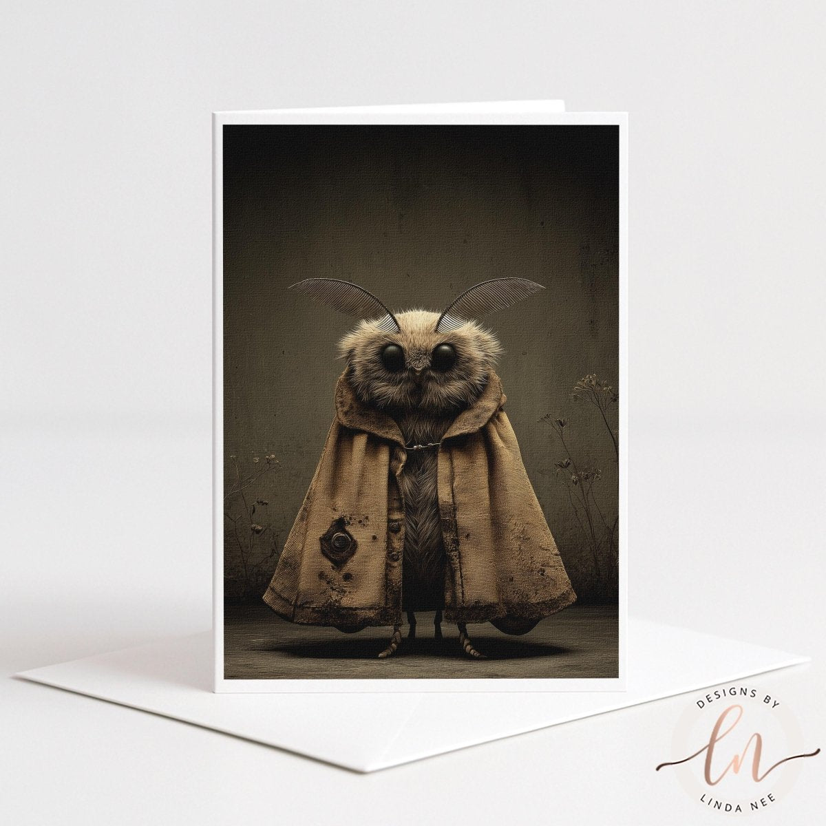 A central portrait of a whimsical moth character with large, glossy black eyes and wide, feathered antennae. The moth wears a heavy, tattered brown traveler's cloak with a single large button on the left side. The background is a dark, moody sepia with subtle textures and skeletal plant stems.