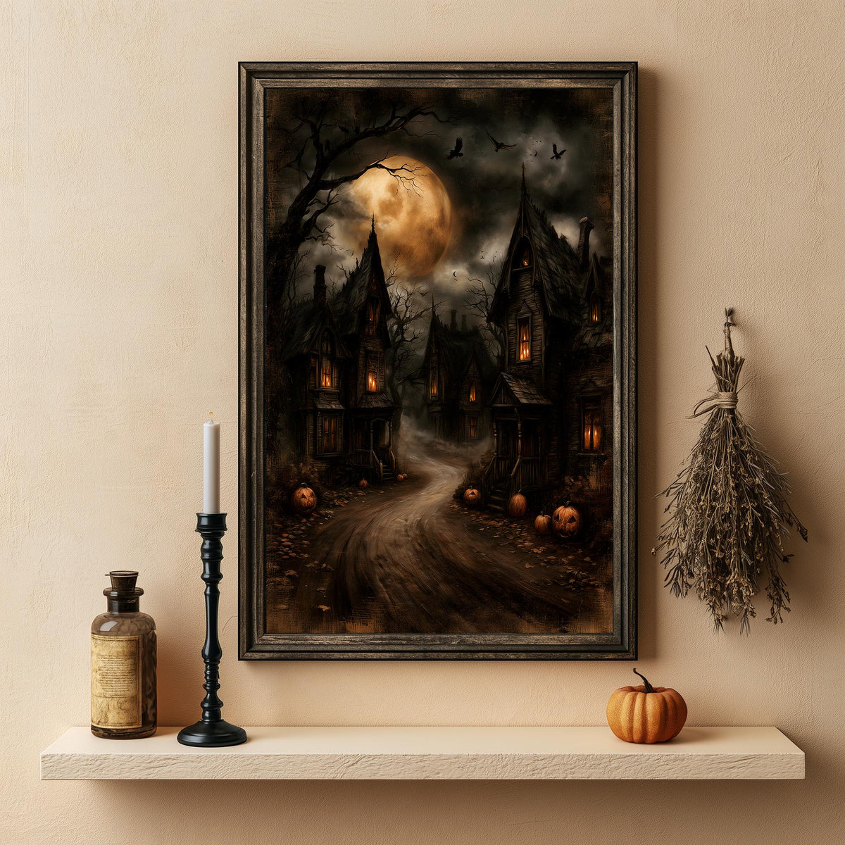 Detail of the jack-o-lanterns burning along the roadside beneath the huge moon