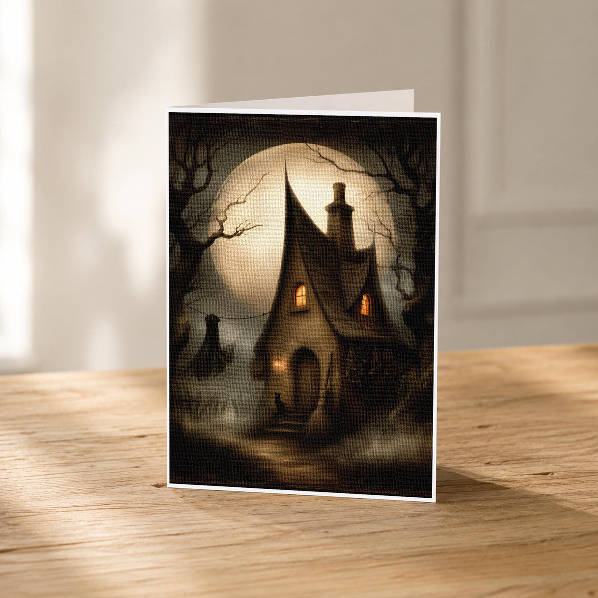 5x7 witch cottage blank note card standing upright showing its linen texture