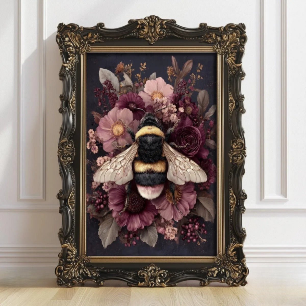 Bumblebee resting among pink and purple garden blooms