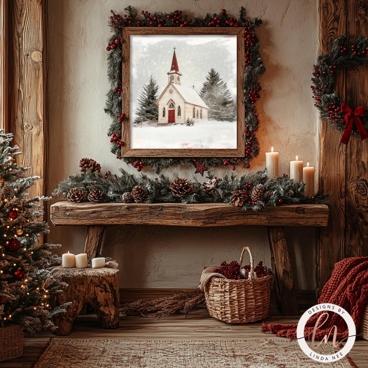 Church in the snow print displayed on a rustic wooden mantel with a wreath
