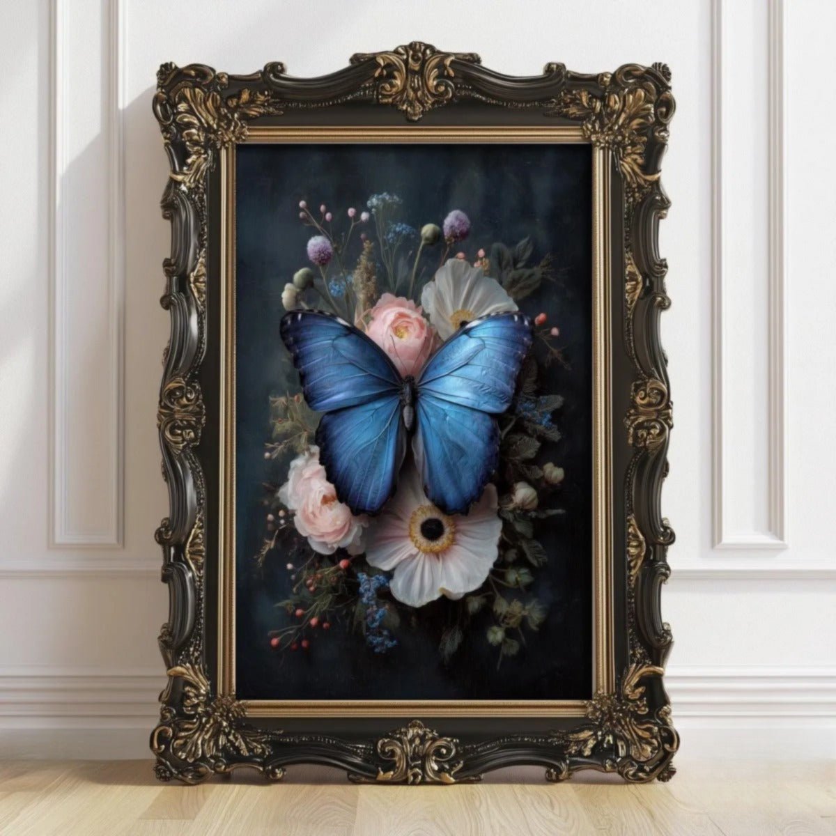 Vivid blue butterfly resting on a soft floral arrangement
