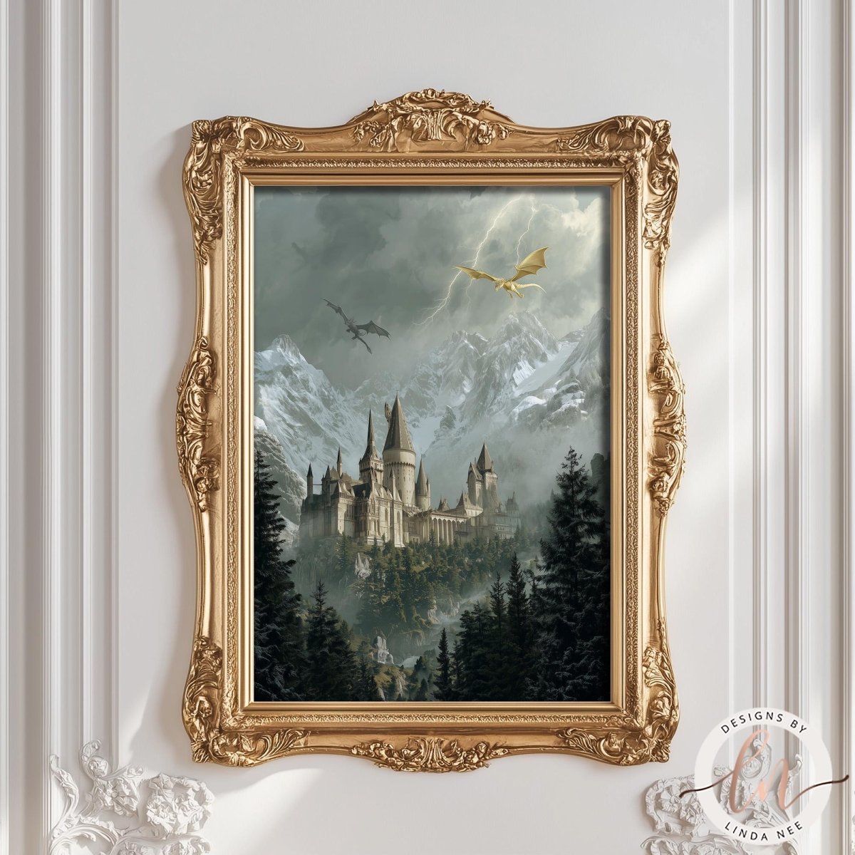 A framed painting depicting a castle surrounded by a misty, mountainous landscape with a dragon flying overhead.