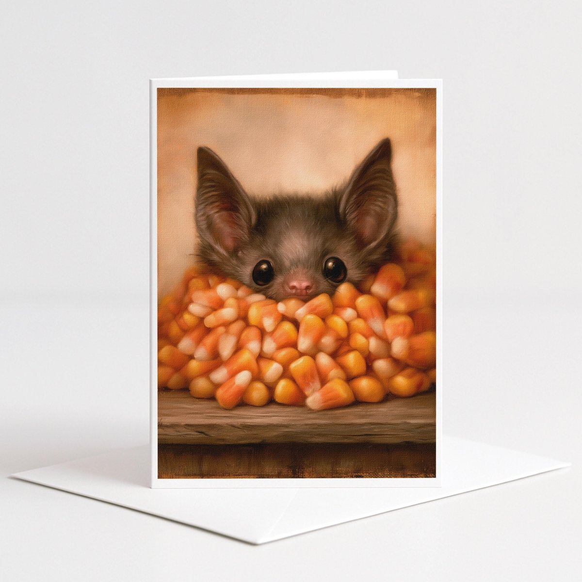 Little bat peeking out of a pile of candy corn, cute Halloween note card art