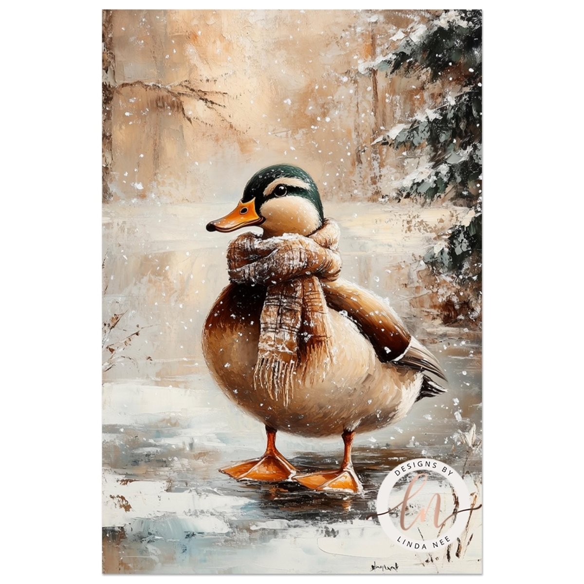 A duck wearing a scarf stands in a snowy landscape, surrounded by falling snowflakes.