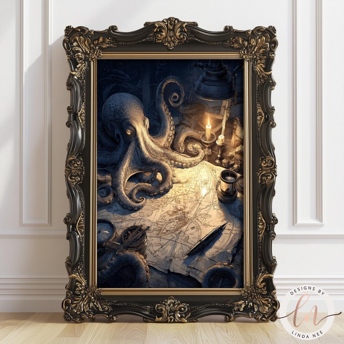an octopus with tentacles spread out, surrounded by various objects such as a map, a candle, and a lamp.
