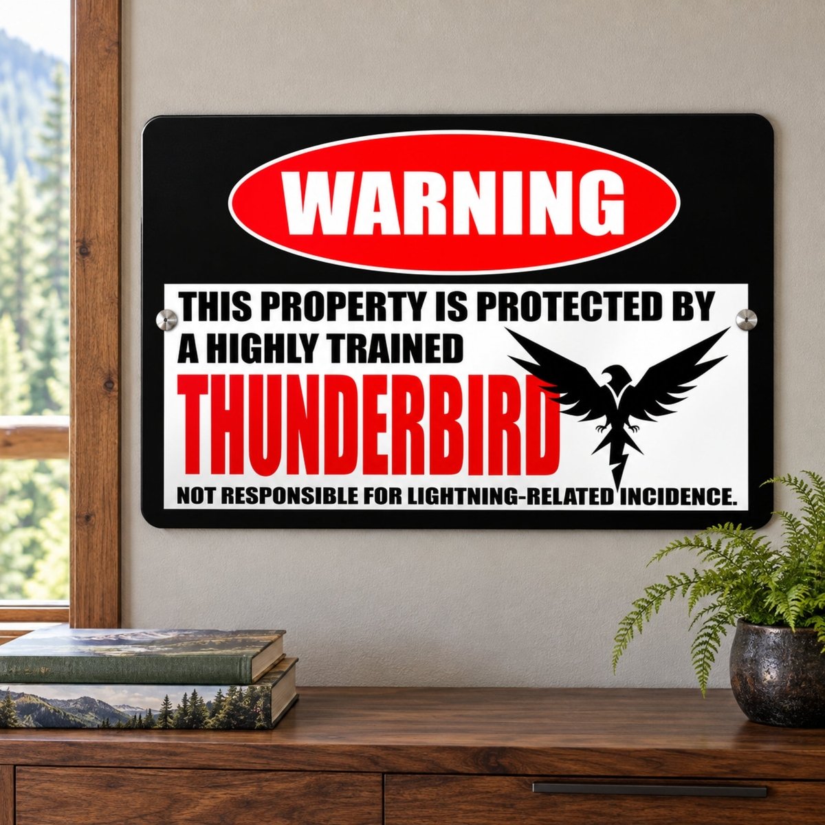 a warning sign that says "THUNDERBIRD" and "NOT RESPONSIBLE FOR LIGHTNING- RELATED INCIDENCE." The sign is mounted on a wall next to a window and a wooden dresser.