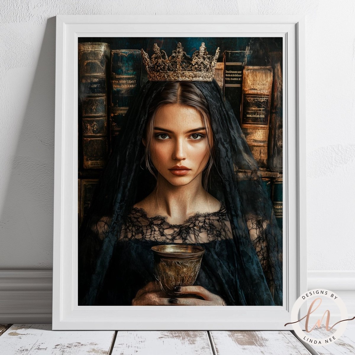 A woman wearing a black veil and holding a golden crown stands in front of a row of books, with a serious expression on her face.