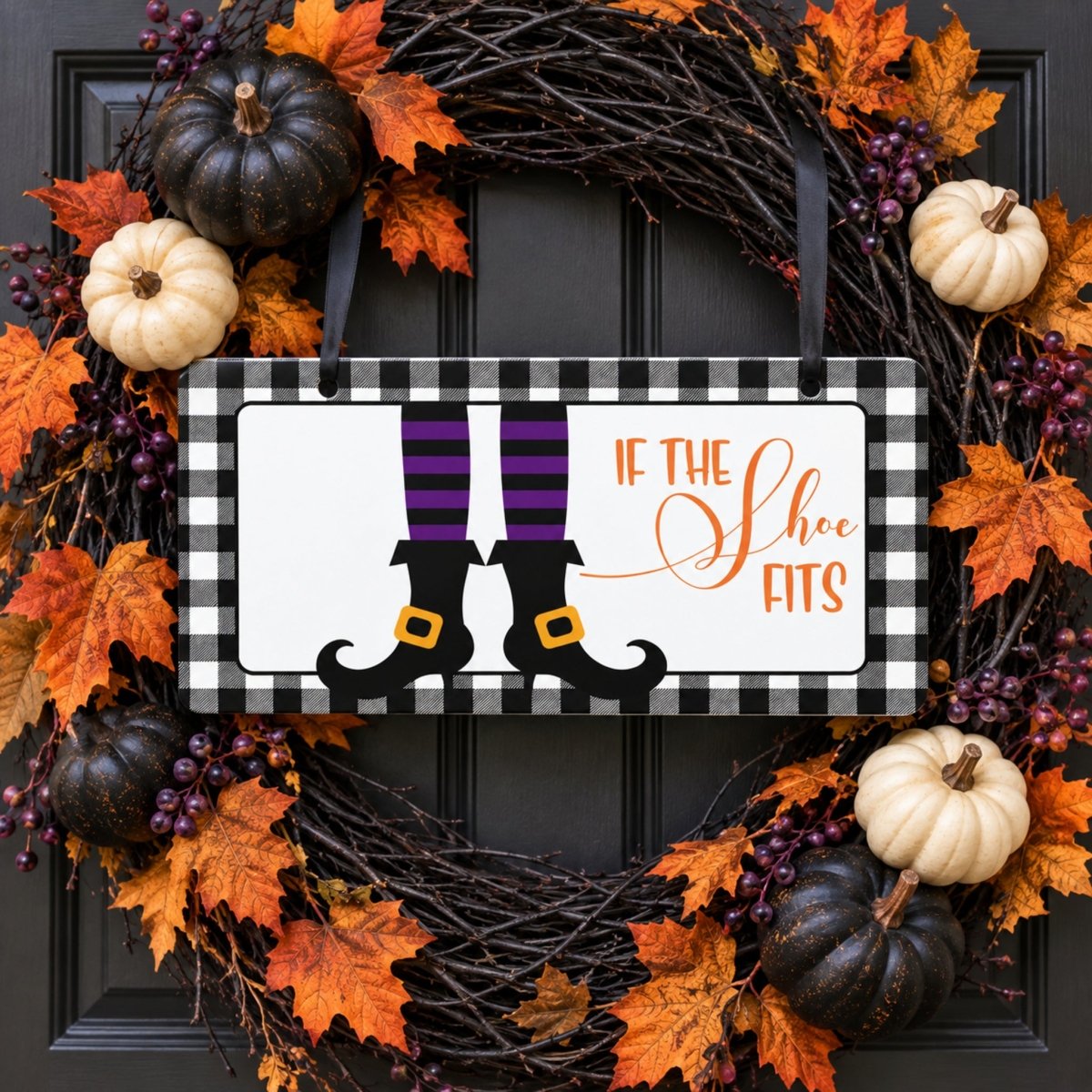 If the Shoe Fits Witch Boots sign centered in a door wreath