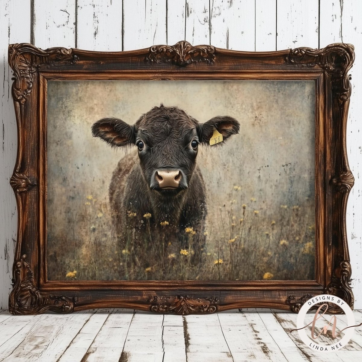 A framed painting of a cow standing in a field of flowers.