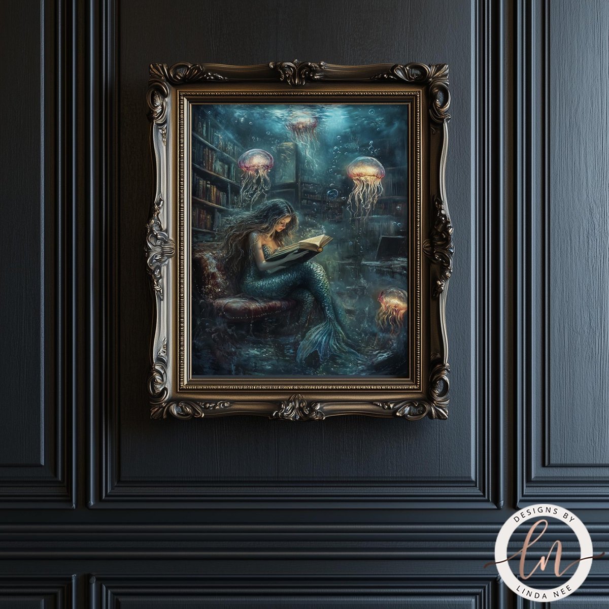 A mermaid is depicted reading a book in a dark, underwater setting, surrounded by jellyfish and other marine life.
