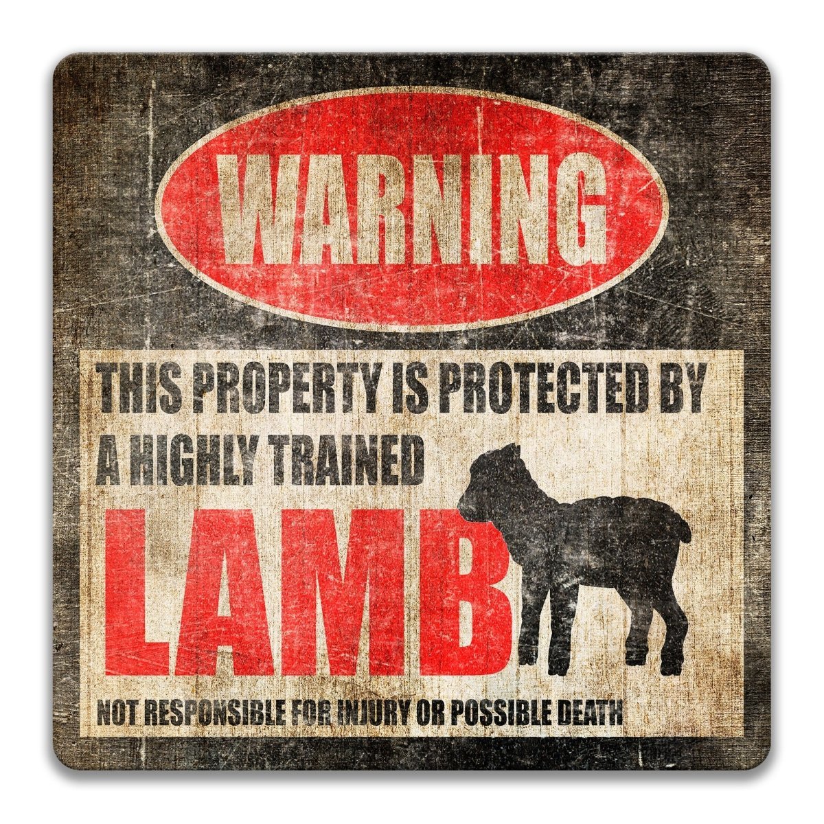 Lamb warning sign, red WARNING banner and large lamb silhouette, funny Lamb lover gift, aluminum with rounded corners