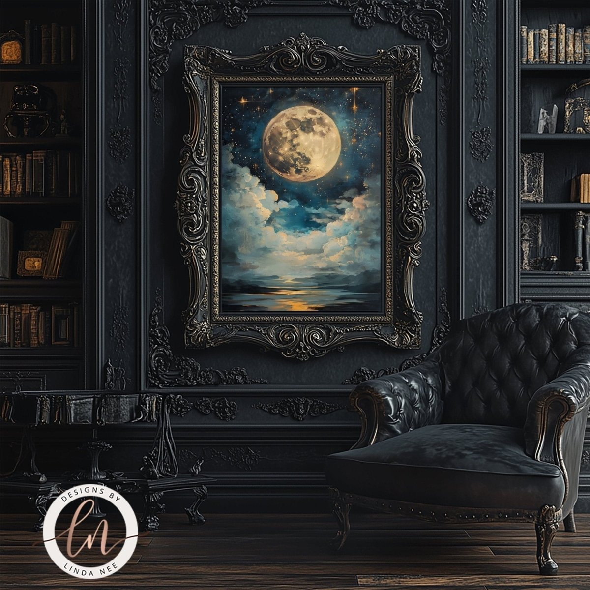 Golden moon over water print displayed in an ornate gilded frame
