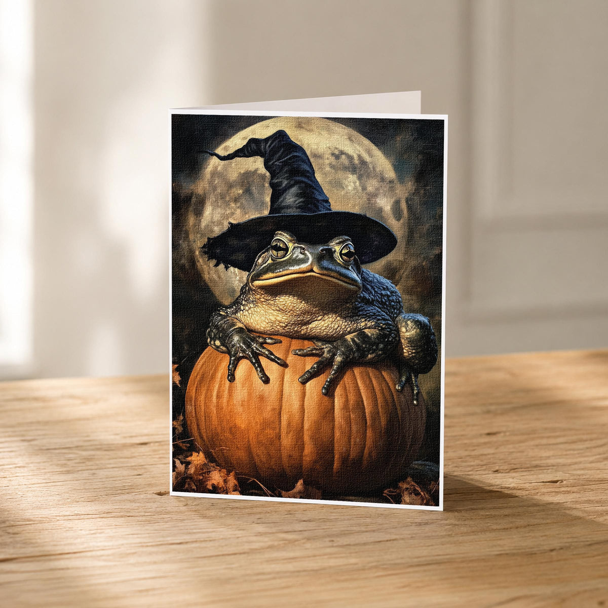 5x7 witch hat toad blank note card standing upright showing its linen texture