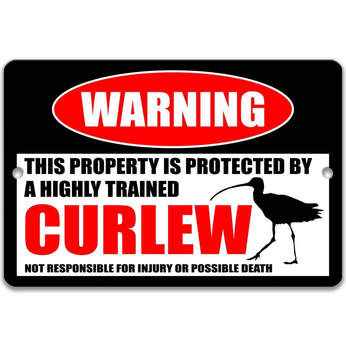 Curlew warning metal sign, glossy black, red WARNING oval and long-billed curlew silhouette