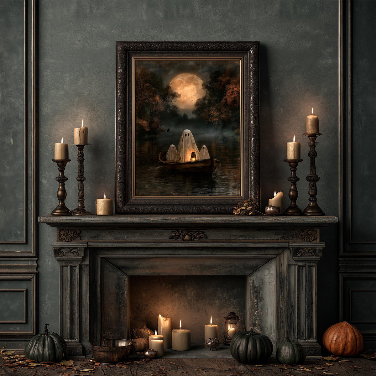 Fireplace mantel with candles and pumpkins below the vintage ghost wall art