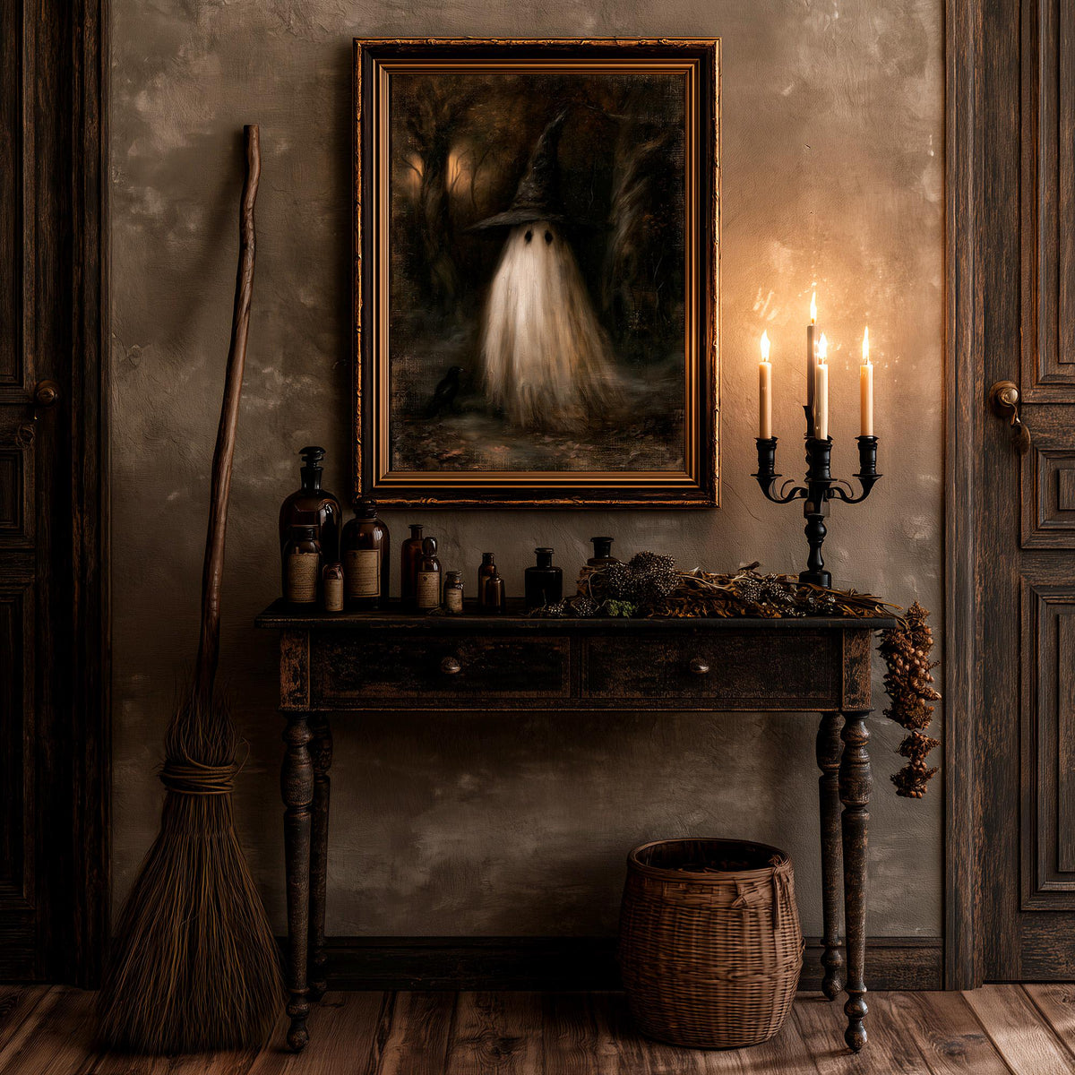 Gothic ghost wall art above a dark table set with a lit candelabra and glass bottles
