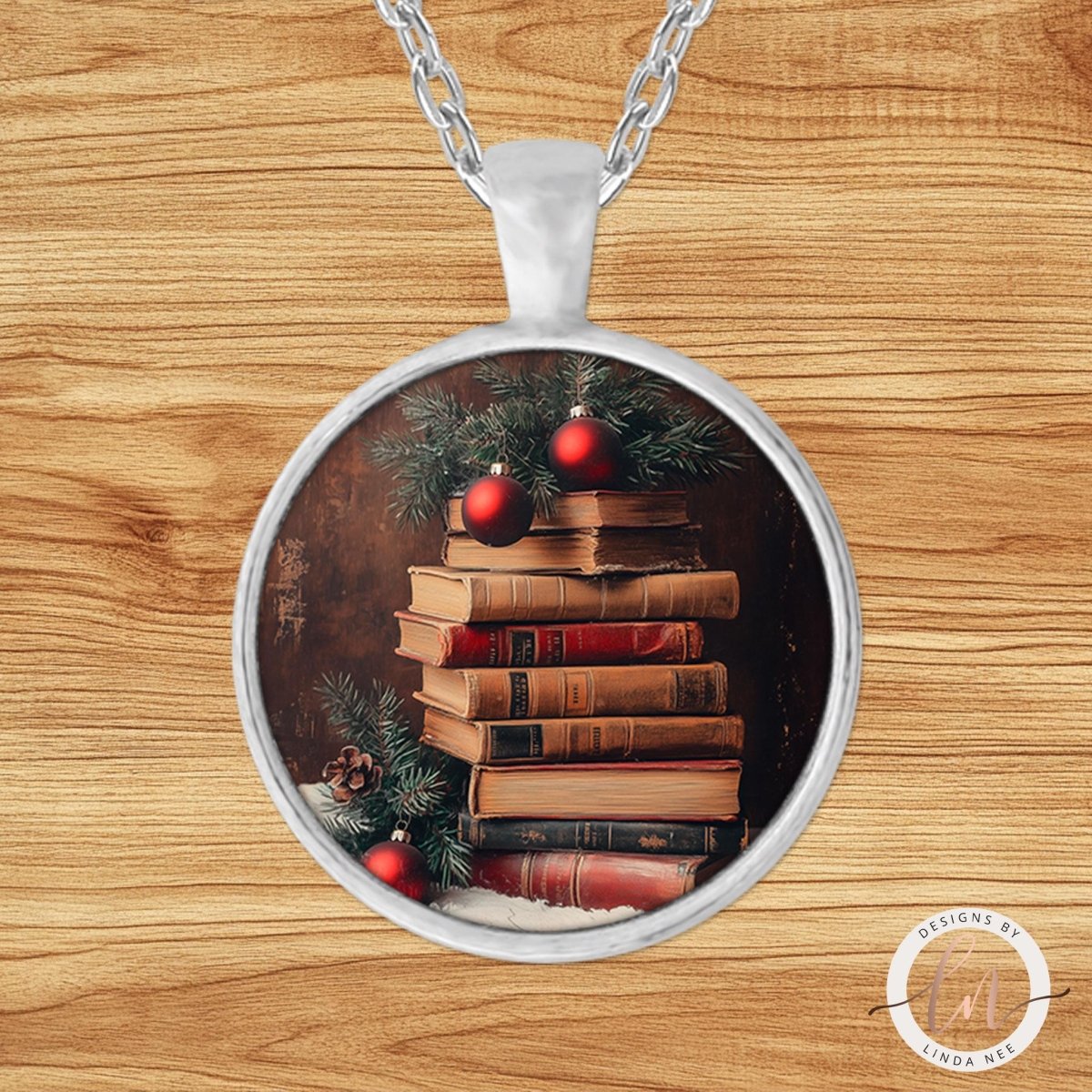 Christmas Book Stack Bibliophile Pendant Necklace