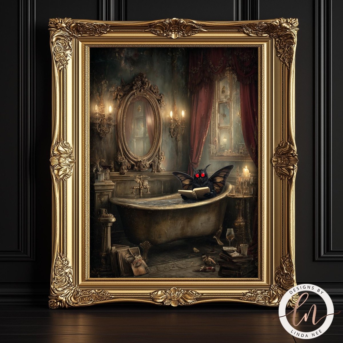 A bat sitting in a bathtub in a gilded frame, surrounded by ornate decorations and a mirror in a dark, gothic-style room.