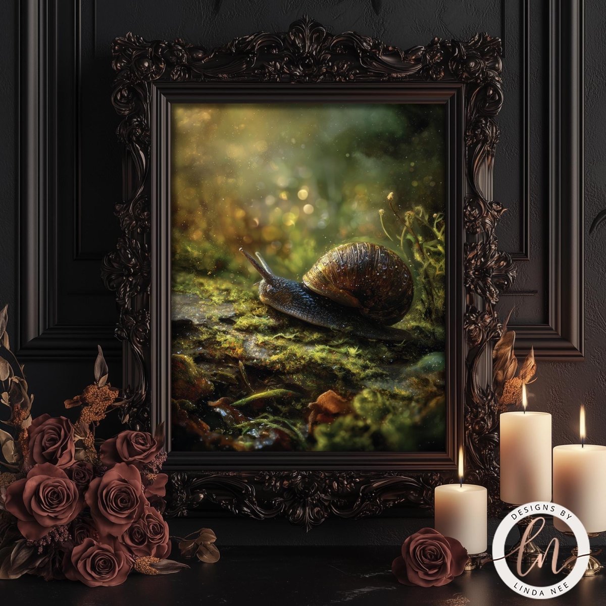 a snail on a mossy surface, surrounded by candles and flowers, all framed in an ornate black frame.