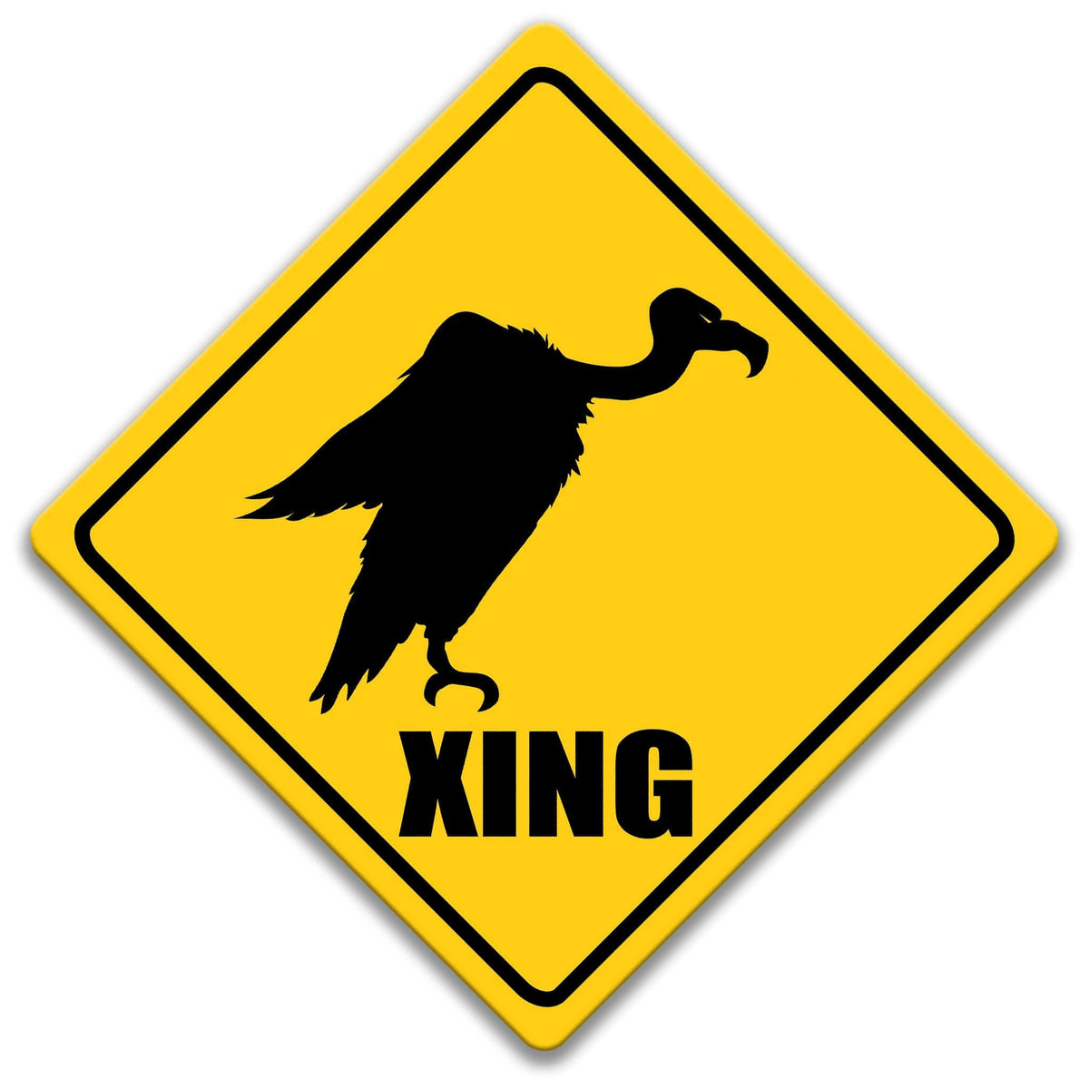 a yellow diamond-shaped sign with a black silhouette of a bird, and the word "XING" written below it.