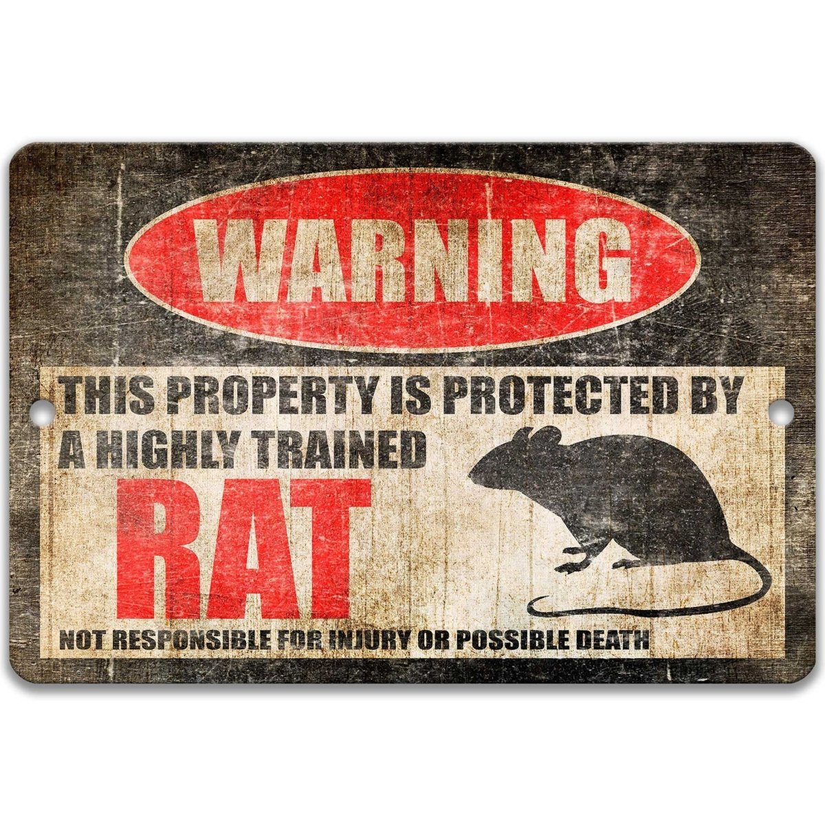 Rat warning sign, red WARNING oval, this property is protected by a highly trained Rat, with rat silhouette