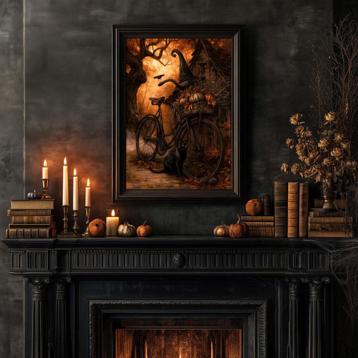 Fall wall decor on a mantel with the bicycle print, stacked books, pumpkins, and candles