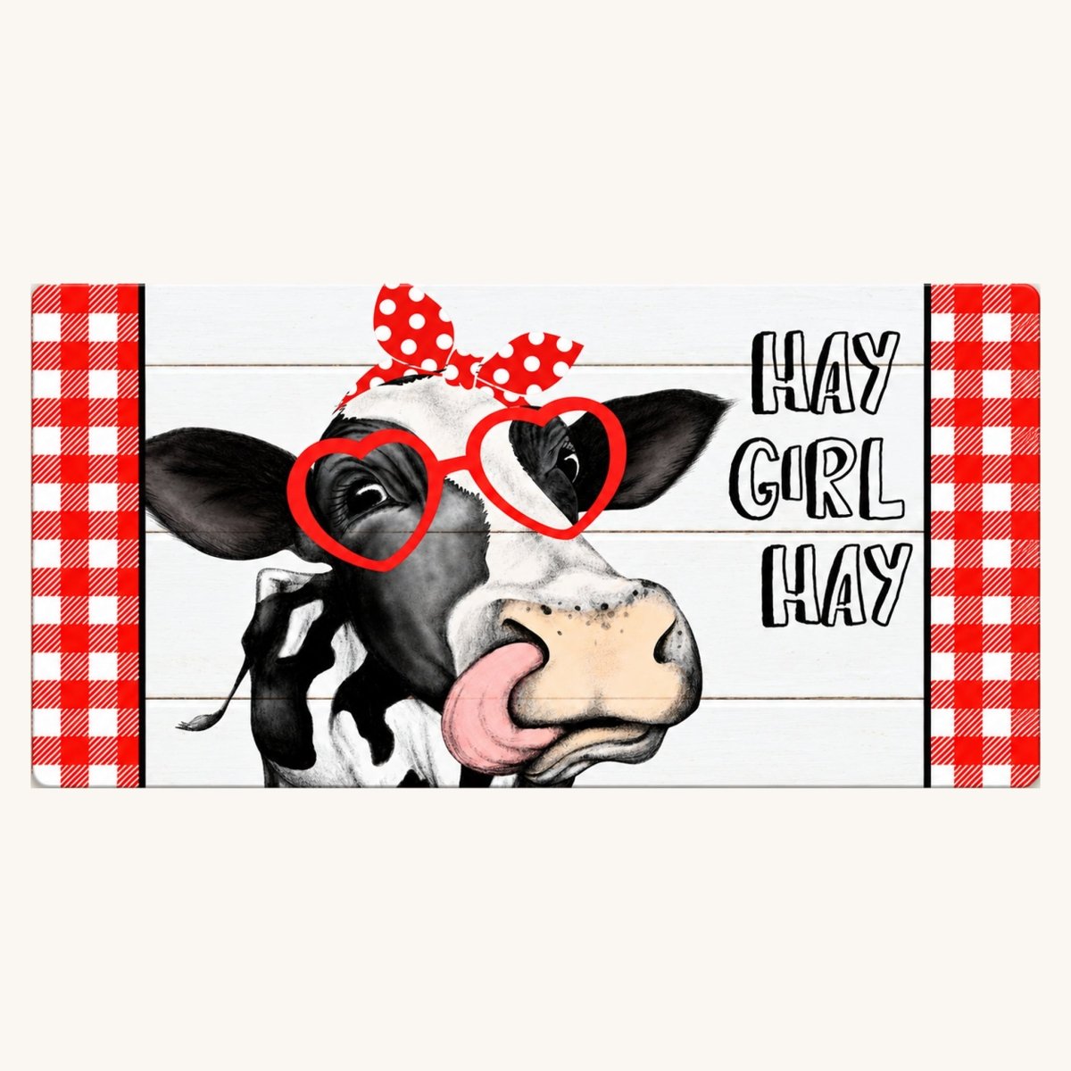 Hay Girl Hay Heifer 6x12 metal wreath sign with a cow in red polka dot glasses