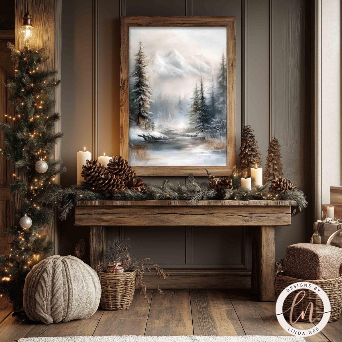 a cozy and festive Christmas scene, featuring a wooden console table adorned with pine cones, pine branches, and other holiday decorations. Above the console table hangs a framed painting of a snowy mountain landscape, creating a warm and inviting atmosphere. The room is decorated with Christmas lights and ornaments, contributing to the overall holiday theme.