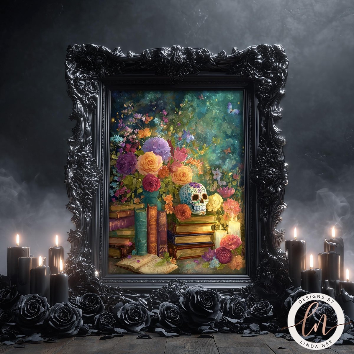 a framed painting of a skull surrounded by a vibrant array of flowers and books, set against a dark, moody background with candles and rose petals.