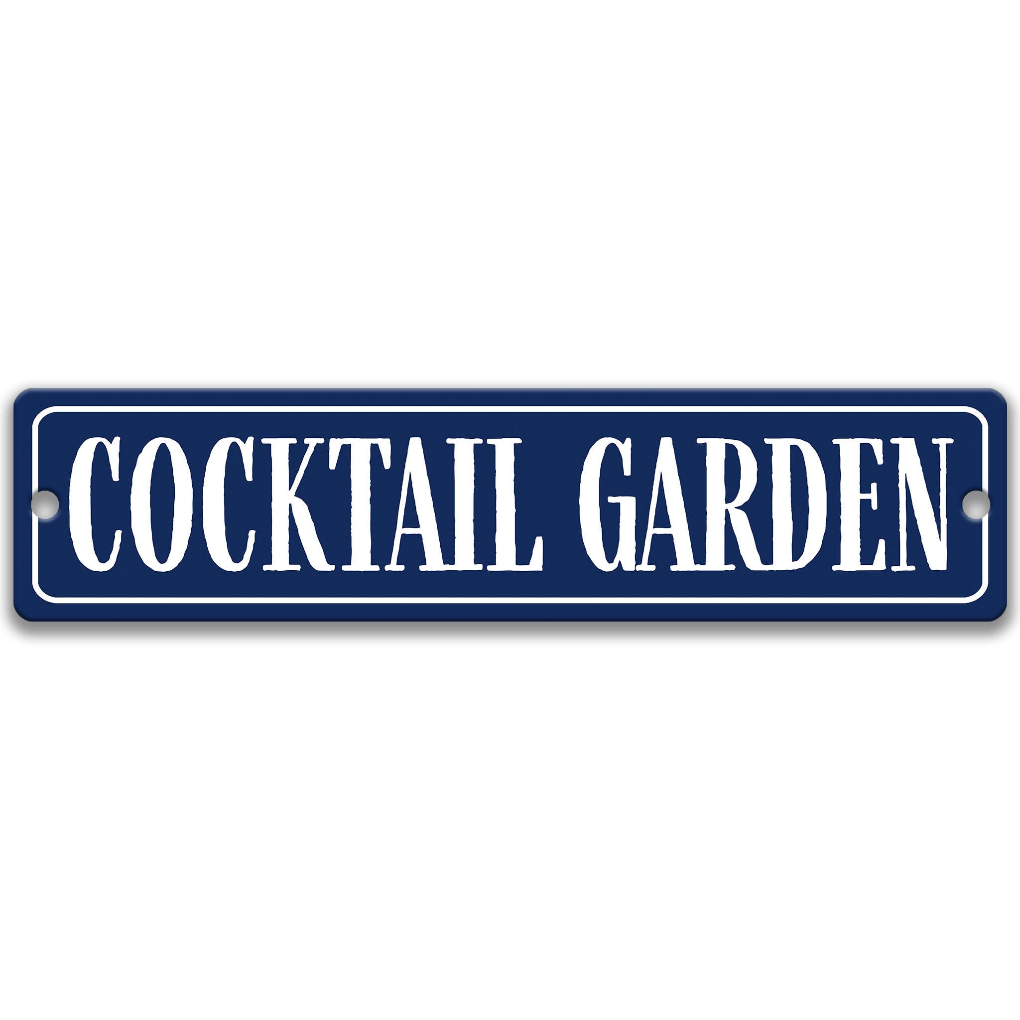 a blue rectangular sign with the text "Cocktail Garden" written in white letters.