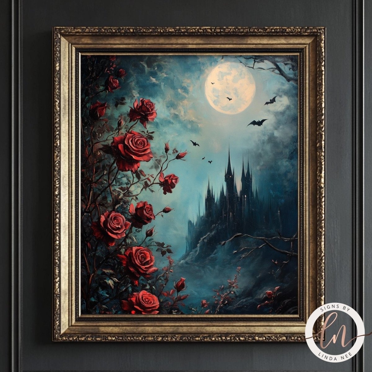 Moonlit castle reflected in an ornate mirror with roses and bats nearby
