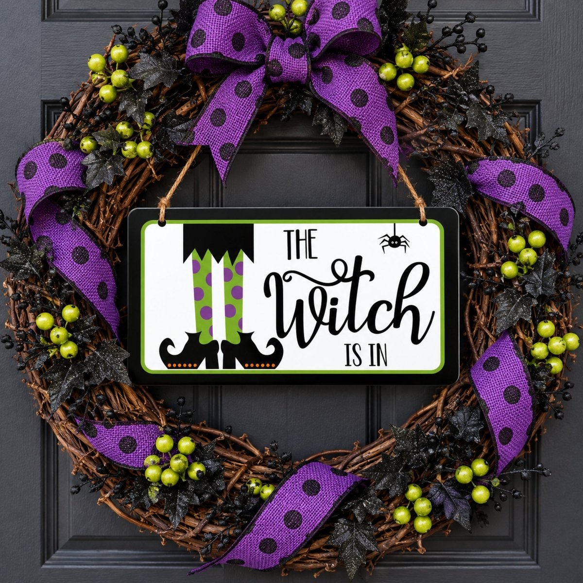 The Witch Is In sign centered in a door wreath