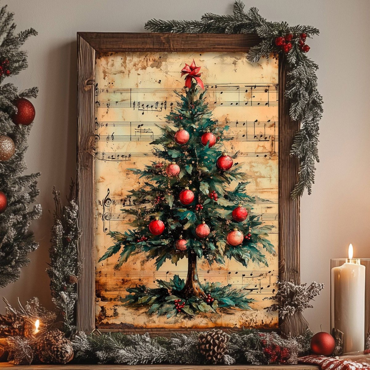 Christmas tree with red ornaments over vintage sheet music, styled with pine cones