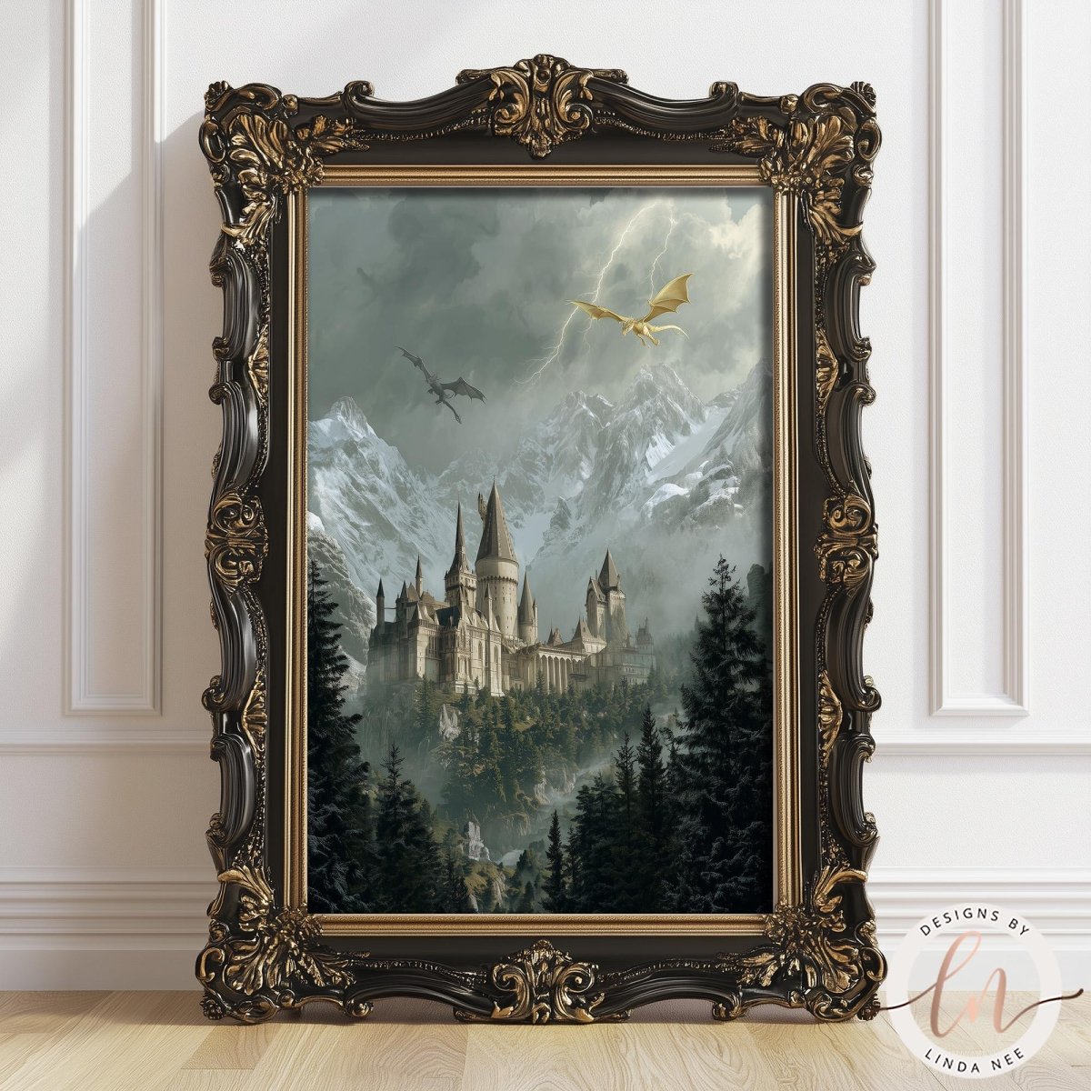 a large, ornate frame containing a painting of a castle surrounded by a forest and mountains.