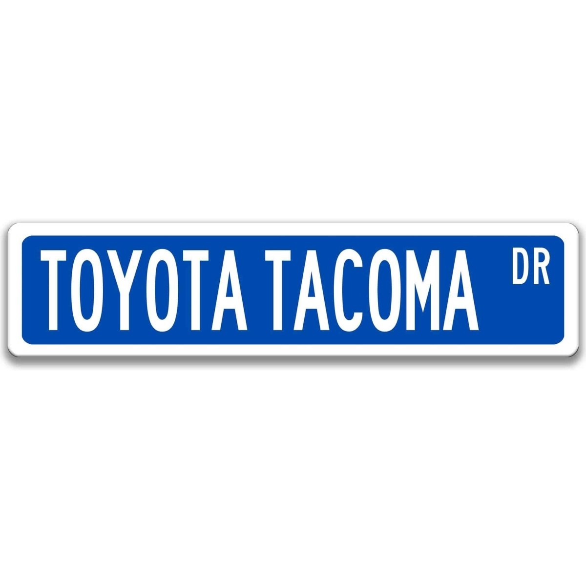 Blue street sign with white border, white text reading TOYOTA TACOMA DR