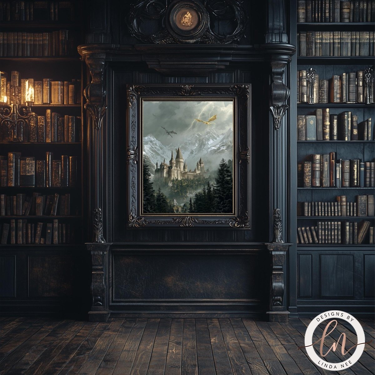 a dark, ornate room with a large bookshelf filled with books on the left side. The focal point of the room is a large painting of a castle and mountains, which is framed in an elaborate black frame. The painting is hung on the wall, creating a striking visual contrast against the dark wood paneling.