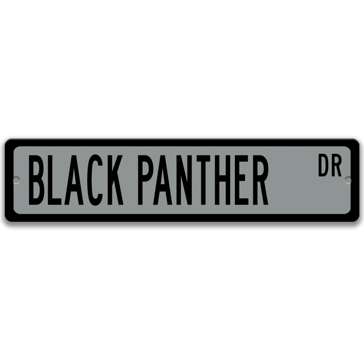Black Panther metal street sign with a gray background reading BLACK PANTHER DR