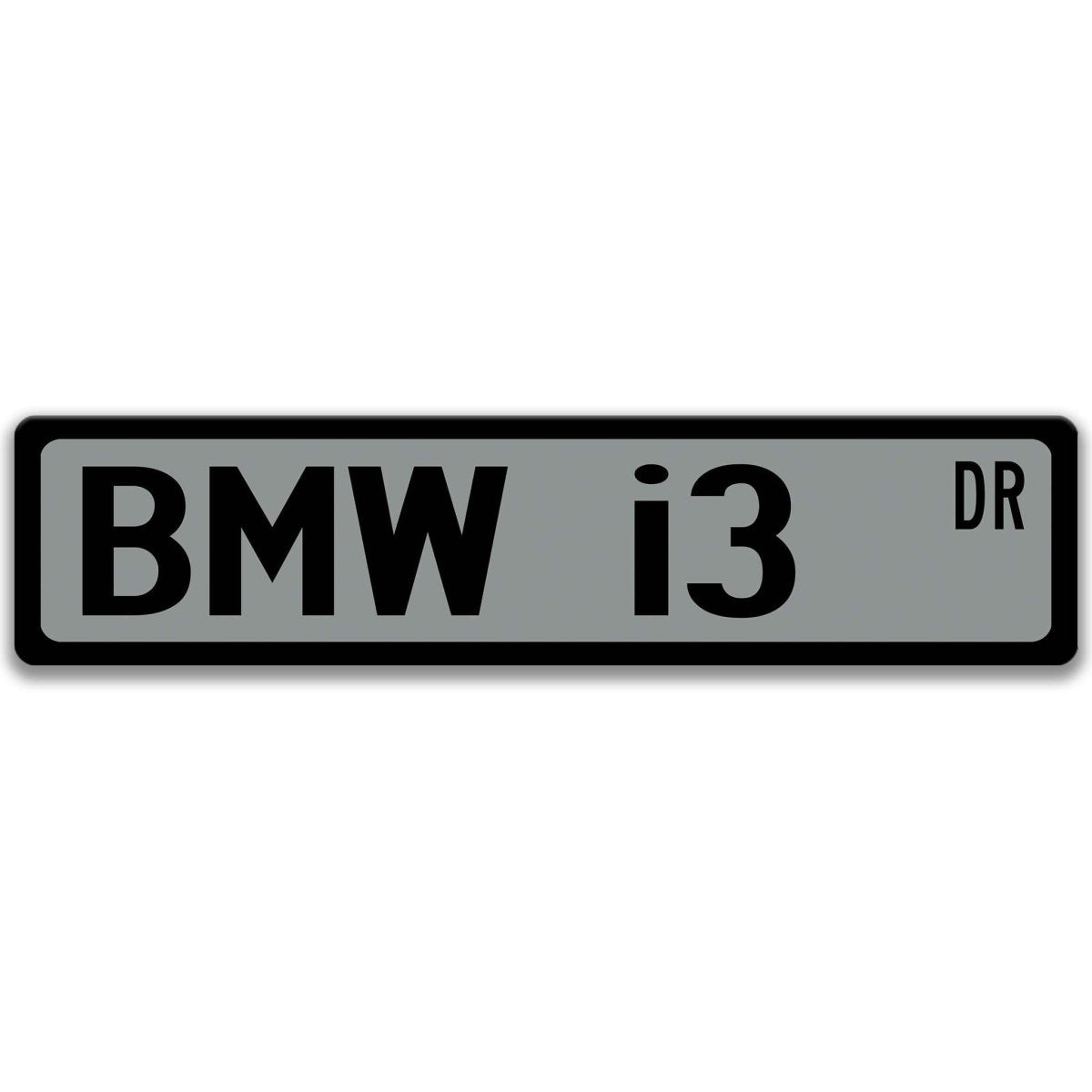 Gray BMW i3 DR aluminum street sign with black lettering
