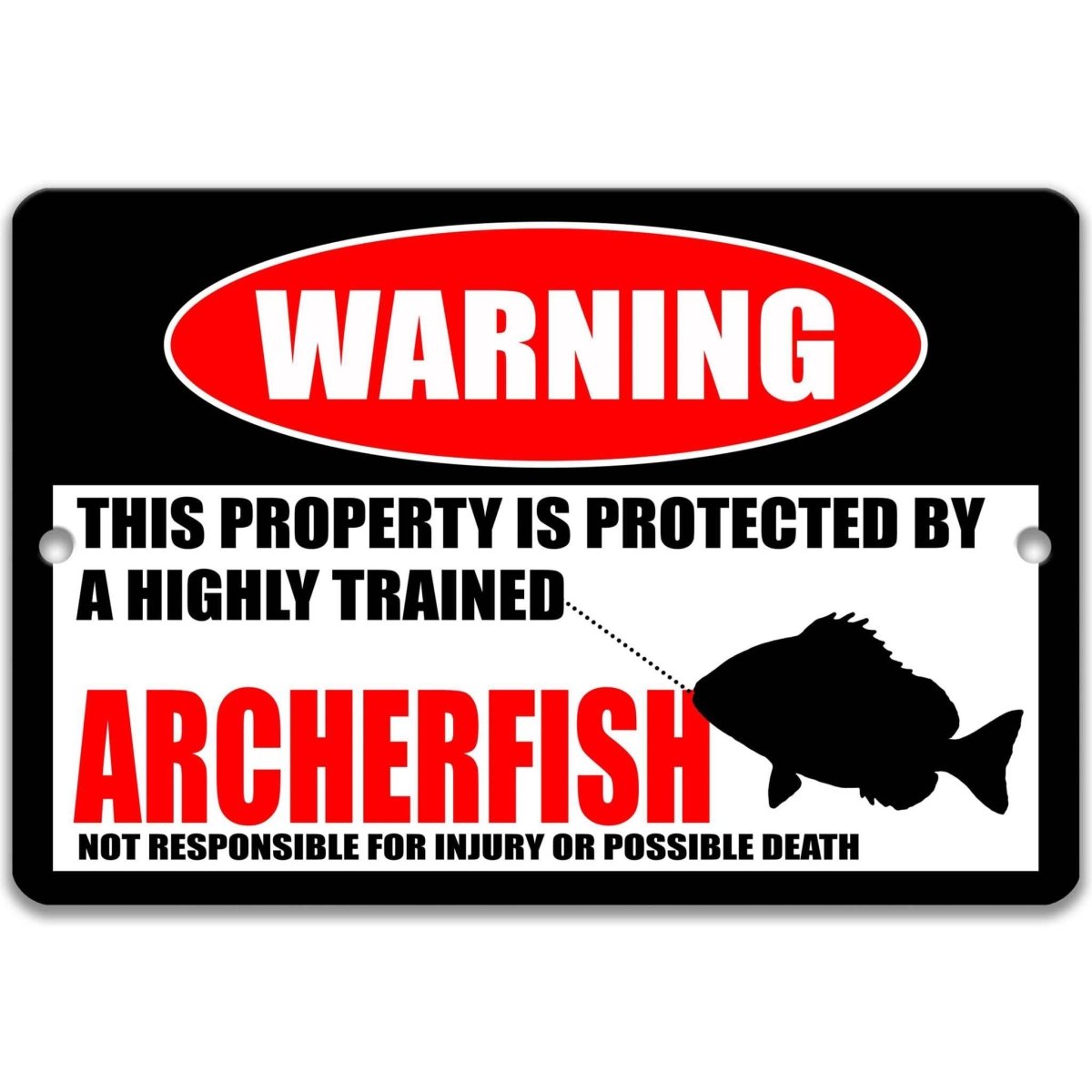 Archerfish warning metal sign, glossy black, red WARNING oval and archerfish silhouette
