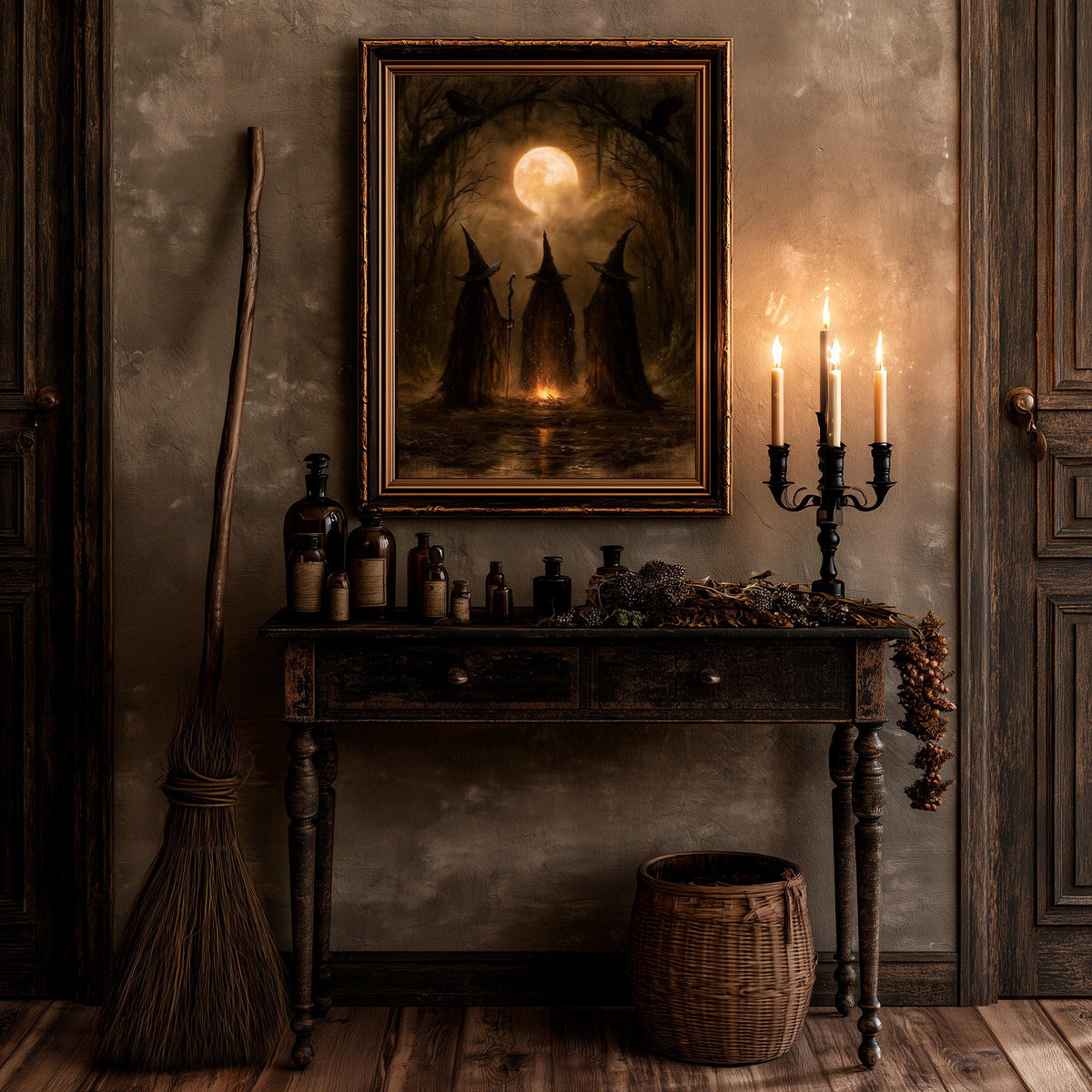 Gothic coven wall art above a candelabra and a leaning broom in a dark room