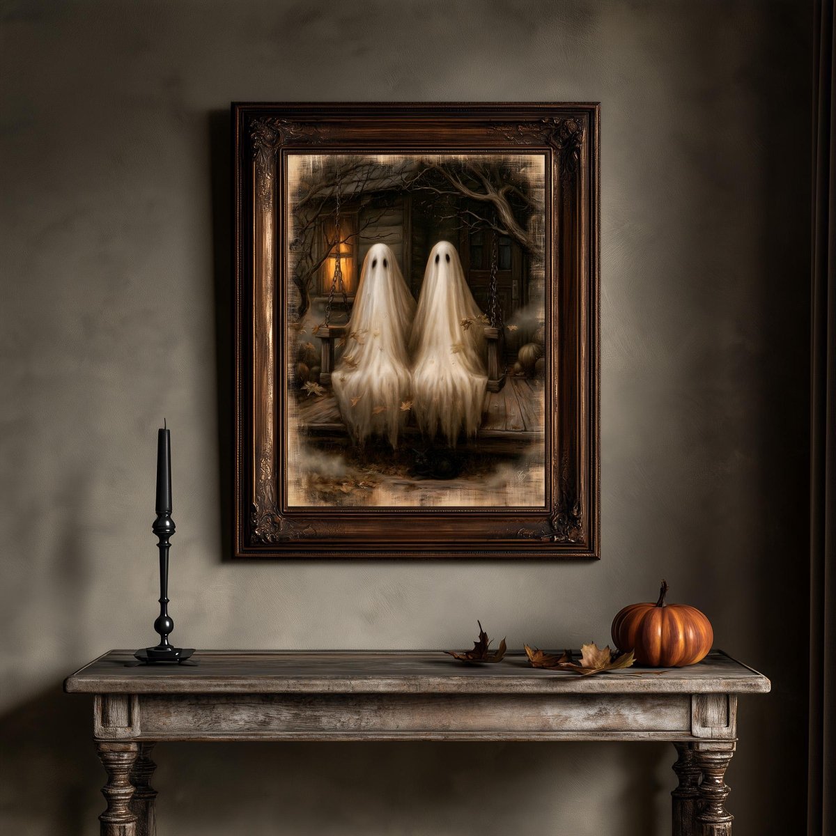 Two glowing ghosts on a porch swing, gothic Halloween wall art