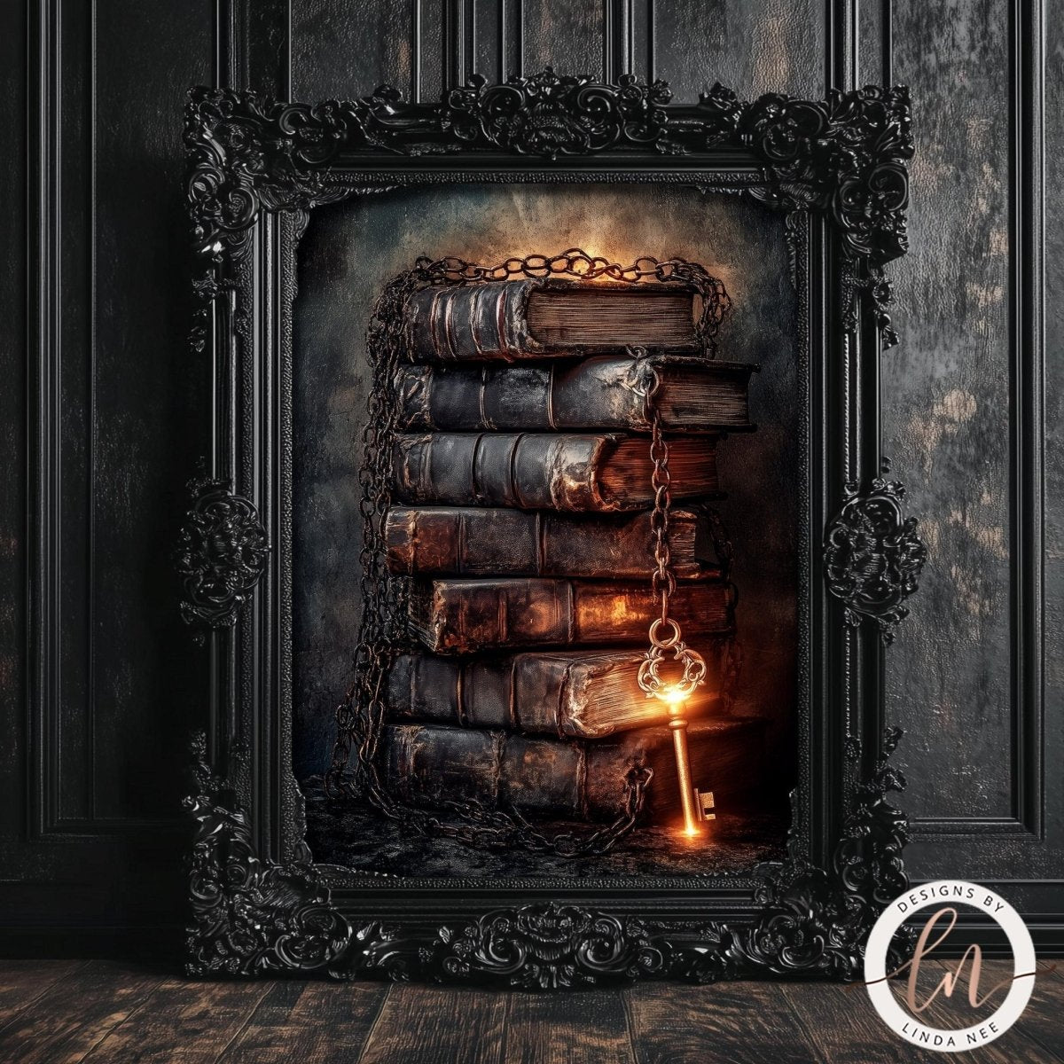 Stack of books with a glowing key displayed against a dark background
