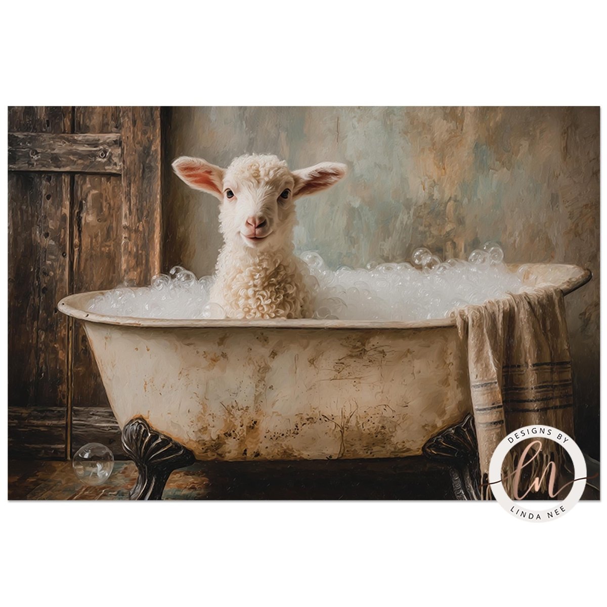 A fluffy white lamb sits in a vintage-style bathtub filled with bubbles, surrounded by a rustic wooden wall.