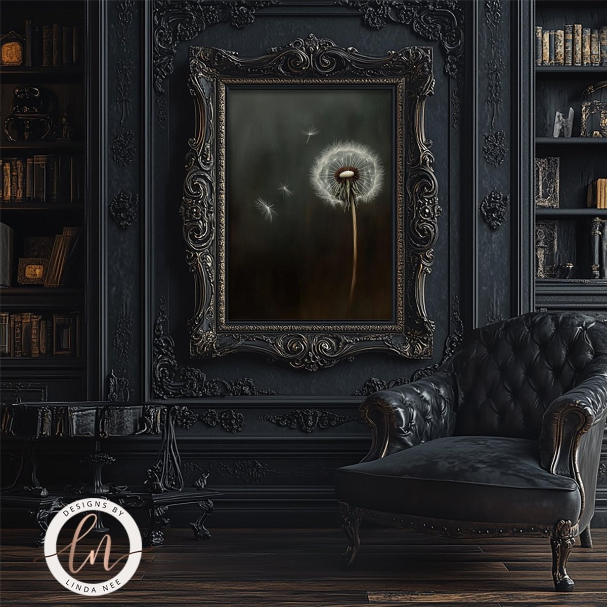 Dandelion seed artwork displayed in a room with a leather armchair