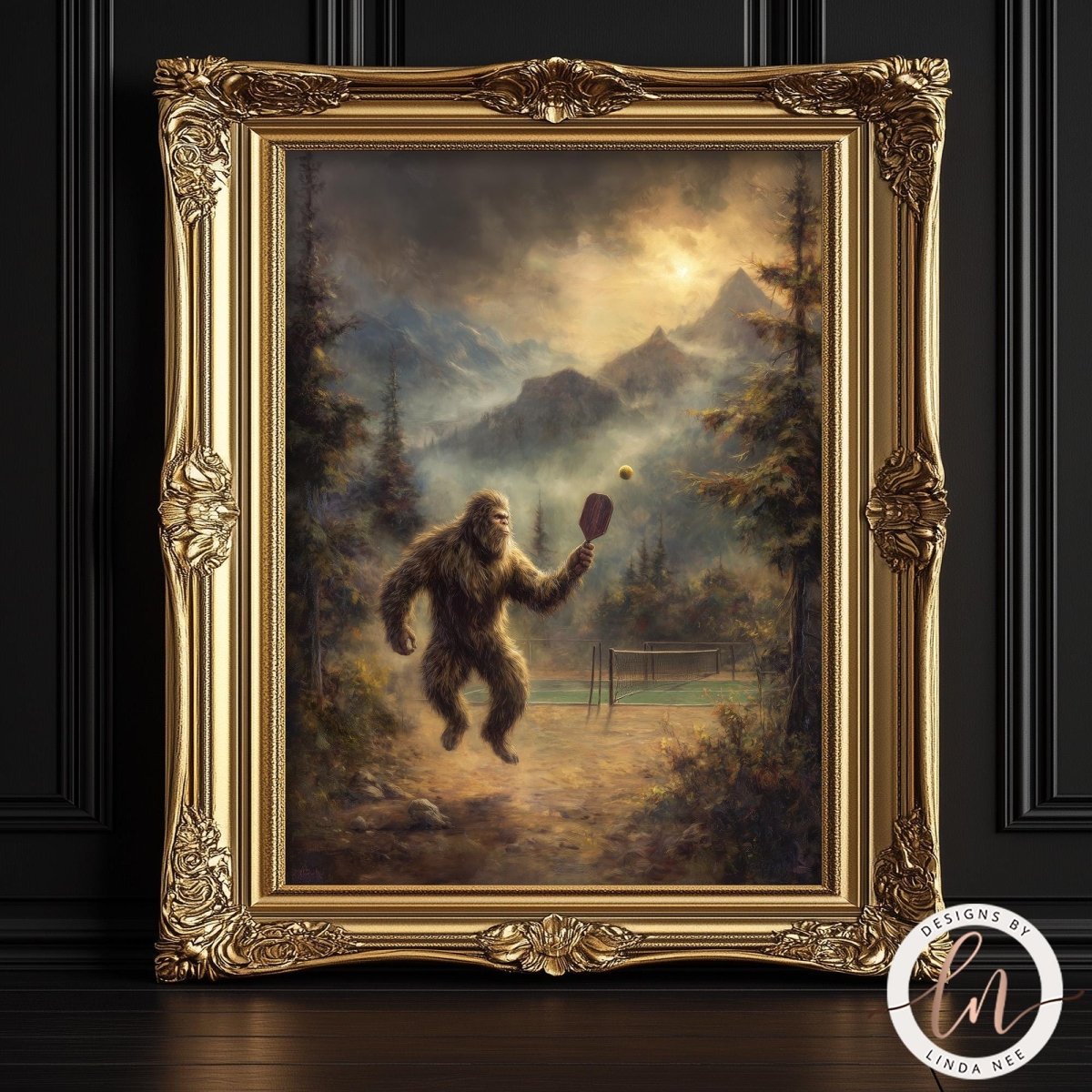 Painterly fantasy illustration of Bigfoot playing pickleball on a hidden outdoor court in the mountains, mid-swing with a paddle as a ball floats in front of him, surrounded by misty pine trees, dramatic golden clouds, and rugged peaks in the background.