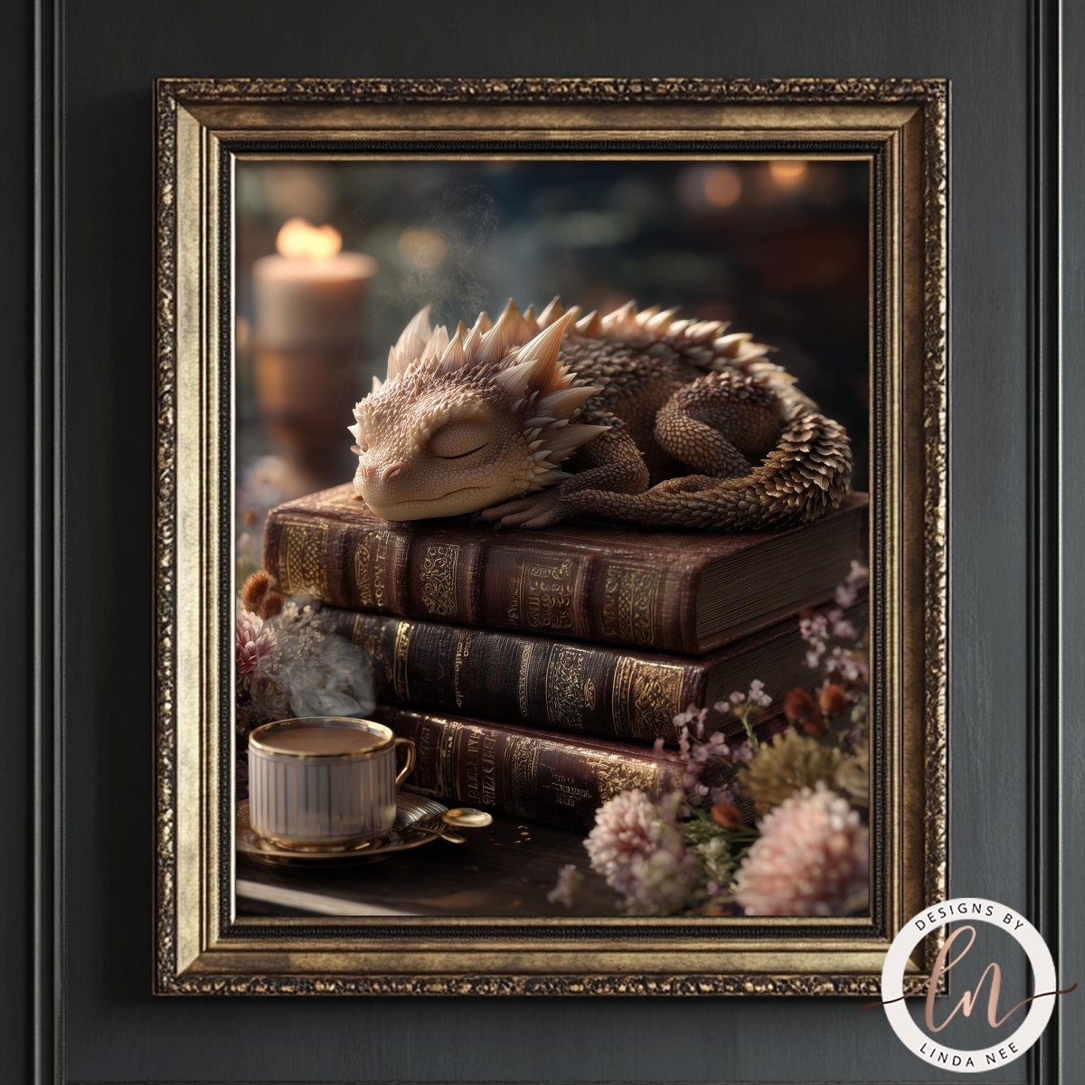A framed image depicting a sleeping dragon resting on a stack of books, with a cup of tea nearby and flowers in the background.