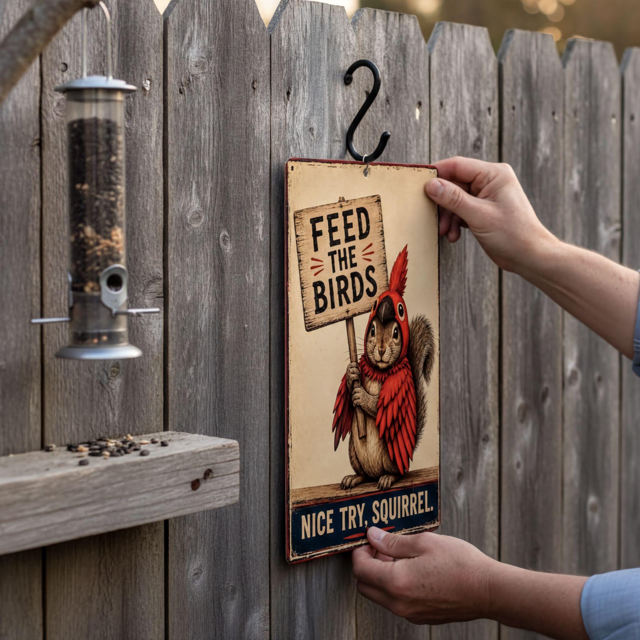 A person is holding a sign that says "Feed the Birds" and " Nice Try Squirrel" in front of a wooden fence.